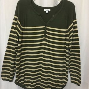 Breton Stripe Henley Cotton Sweater olive green